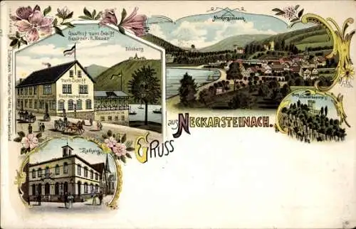 Litho Neckarsteinach in Hessen, Rathaus, Gasthof zum Schiff, Schloss, Gesamtansicht