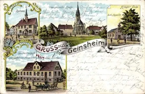 Litho Geinsheim Trebur am Rhein Hessen, Rathaus, evangelische Kirche, kath. Kapelle, Kriegereiche