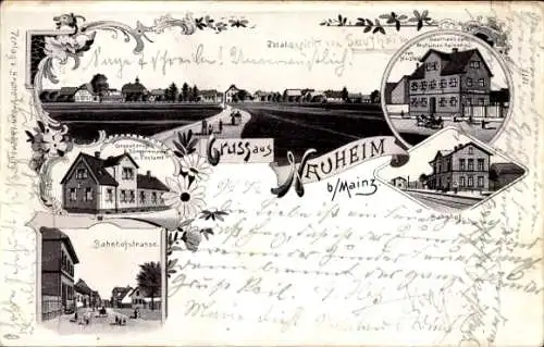 Litho Nauheim Hessen, Bürgermeisterei, Postamt, Bahnhofstr., Bahnhof, Gasthaus zum deutschen Kaiser