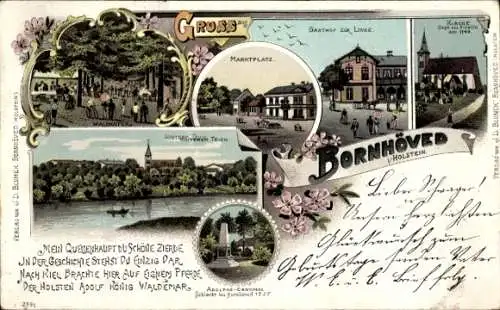 Litho Bornhöved in Holstein, Gasthof zur Linde, Teich, Adolphs Denkmal, Waldkater, Kirche