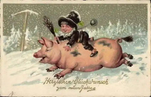 Ak Glückwunsch Neujahr, Schornsteinfeger reitet auf Schwein
