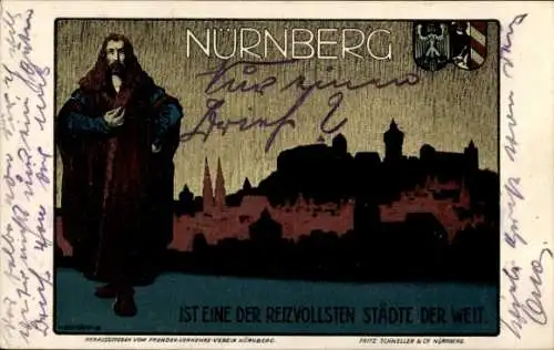 Künstler Ak Nürnberg in Mittelfranken, Silhouette der Stadt, Wappen, Albrecht Dürer