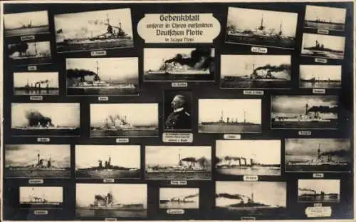 Ak Deutsche Kriegsschiffe, Gedenkblatt d. versenkten kaiserl. Flotte, Scapa Flow, Admiral von Reuter