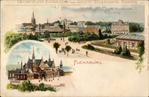 Litho Flensburg in Schleswig Holstein, Staatsbahnhof, Partie an der Promenade