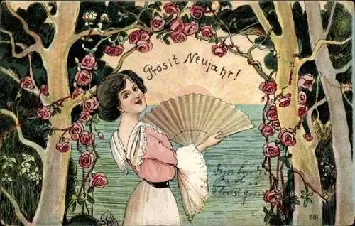 Jugendstil Ak Glückwunsch Neujahr, junge Frau mit Fächer