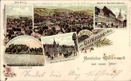 Litho Osterode am Harz, Alte Burg, Markt mit Marktkirchturm, Postgebäude, Schwimmbad