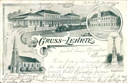 Litho Lehrte in Niedersachsen, Bahnhof, Dampflok, Schule, Lutherkirche, Kriegerdenkmal