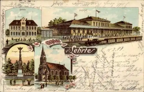 Litho Lehrte in Niedersachsen, Bahnhof, Krieger Denkmal, Schule, Kirche