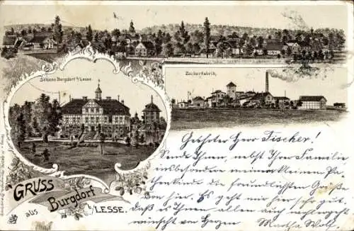 Litho Burgdorf Kr. Wolfenbüttel Niedersachsen, Schloss Burgdorf, Zuckerfabrik, Gesamtansicht