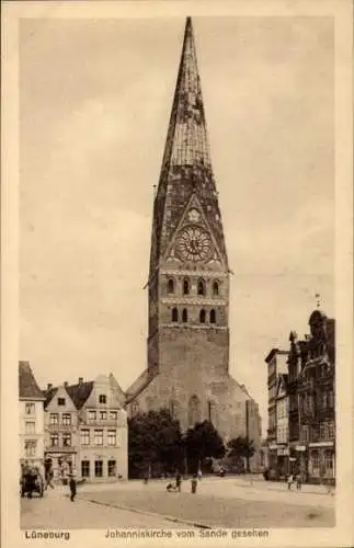 Ak Lüneburg, Johanniskirche vom Sande gesehen, Buchbinderei
