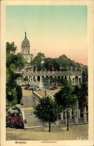 Ak Wrocław Breslau Schlesien,  Liebichshöhe, s Gebäude, Treppe, Gartenanlage