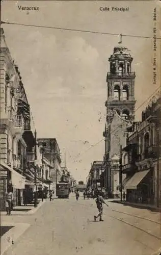 Ak Veracruz Mexico, Straße, Gebäude, Uhrturm, Straßenbahn, Fußgänger, Geschäfte