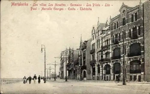 Ak Mariakerke Ostende Westflandern, Villen, Strandpromenade, Menschen, Architektur, Schwarz-Weiß