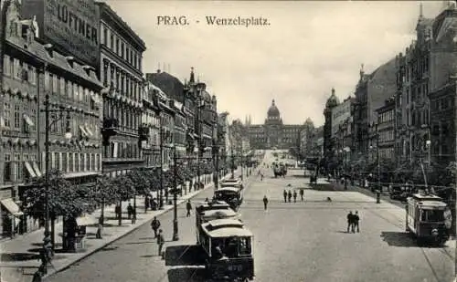 Ak Praha Prag Tschechien, Wenzelsplatz,  Gebäude, Tram Straßenbahn