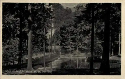 Ak Herford in Westfalen, Goldfischtelch Waldfrieden, schöner Wald, Teich, Brücke
