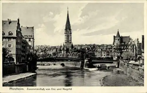 Ak Pforzheim im Schwarzwald, Stadtansicht, Flussübergang,  Gebäude, Brücke