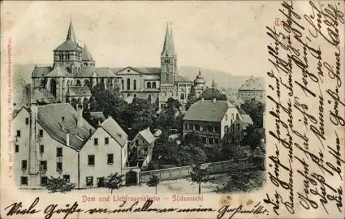 Ak Trier an der Mosel, Südansicht von Dom und Liebfrauenkirche, Wohnhäuser, originale Fotografie,