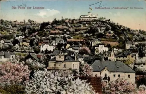 Ak Miłobrzegi Friedensburg Pommern, Bergasthaus Friedensburg, blühende Bäume, malerische Landscha