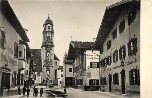 Ak Mittenwald in Oberbayern, Markt mit Kirche, Gasthaus A. Ludwig Schwab,  Architektur