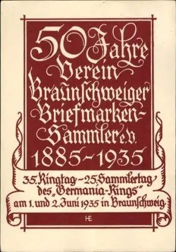 Künstler Ak Braunschweig in Niedersachsen, 50 Jahre Verein Braunschweiger Briefmarkensammler eV 1935