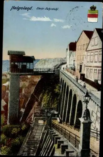 Ak Nordseeinsel Helgoland, elektrischer Fahrstuhl, Wappen