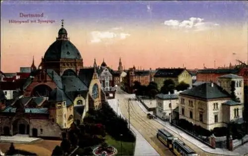 Judaika Ak Dortmund, Hiltropwall mit Synagoge, Straßenbahn, Gebäude