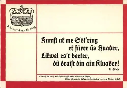 Ak Rum Hart-klaar Kimming, Kumst uk me Söl'ring ek fiirer üs Huader, A. Hübbe