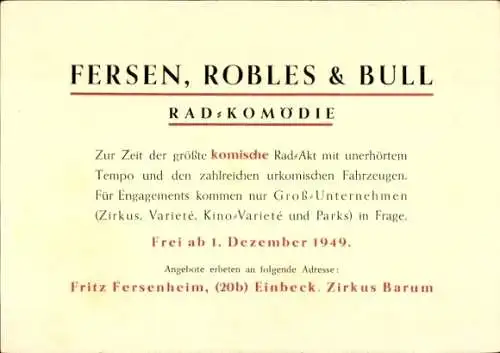 Ak Einbeck in Niedersachsen, Fersen, Robles & Bull, Rad-Komödie, Zirkus Barum, Fritz Fersenheim