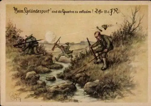 Künstler Ak Beim Geländesport sind die Gewehre zu entladen, Humor