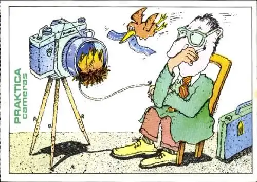 Künstler Ak Forchner, Ulrich, Reklame Praktica Cameras, Mann mit Fotoapparat, Vogelnest