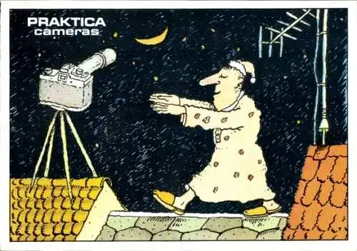 Künstler Ak Forchner, Ulrich, Praktica cameras, Reklame, Humor