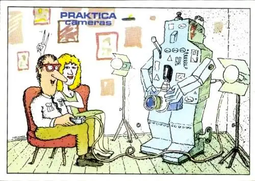 Künstler Ak Forchner, Ulrich, Praktica cameras, Reklame, Humor, Roboter