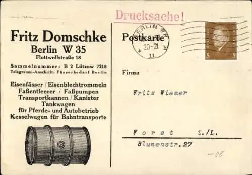 Ak Reklame Fritz Domschke, Flottwellstraße 18 Berlin, Eisenfässer, Tankwagen, Kanister, Kesselwagen