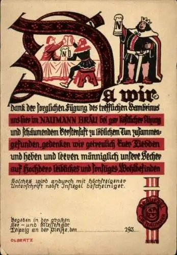 Künstler Ak Leipzig, Naumann Bräu, Neumarkt, Kupfergasse, Urkunde