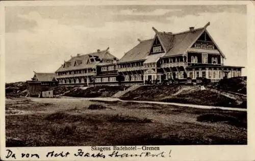 Ak Skagen Dänemark, Skagens Badehotel Grenen vom Skagen Skanshort!