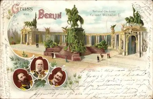 Ak Berlin Charlottenburg, Gruss aus  National-Denkmal, Kaiser Wilhelm I., drei Männerporträts