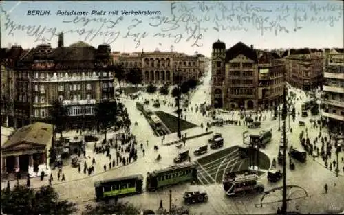 Ak Berlin Tiergarten, Potsdamer Platz mit Verkehrsturm, Straßenbahn