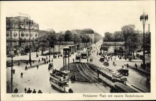 Ak Berlin Tiergarten, Potsdamer Platz, neuer Verkehrsturm, Palasthotel, Straßenbahn, Bus