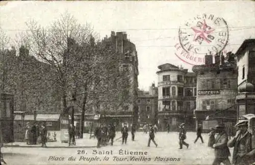 Ak Saint Étienne Loire, Platz du Peuple, alte Häuser, Menschen, Coiffeur