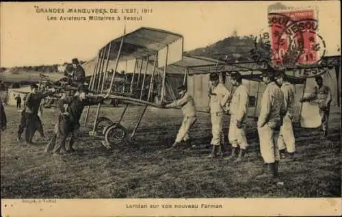 CPA Grandes manœuvres de l'Est de 1911, Aviateurs Militaires, Loridan sur son nouveau Farman