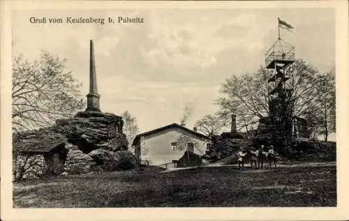 Ak Pulsnitz Sachsen, Berg, Monolith, Aussichtsturm, zwei Reiter