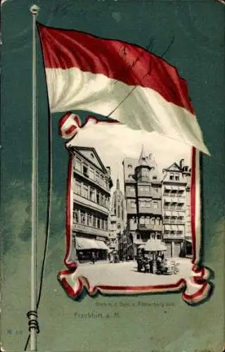 Ak Frankfurt am Main, Postkarte mit Stadtszene, Flagge, historischer Architektur