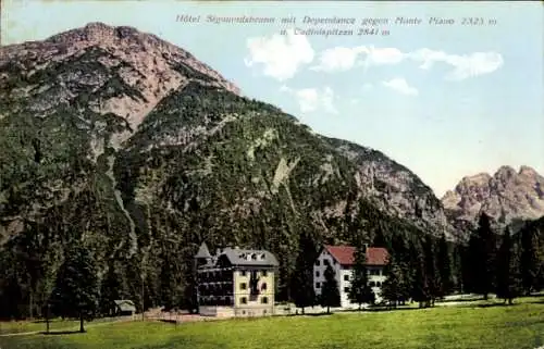 Ak Toblach Dobbiaco Südtirol, Hotel Sigmundsbrunn, Monte Piano, Cadinispitzen, Berglandschaft