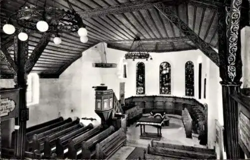 Ak Adelboden Kanton Bern Schweiz, Kirche erbaut 1433, Kanzel und Chor mit Glasgemälden