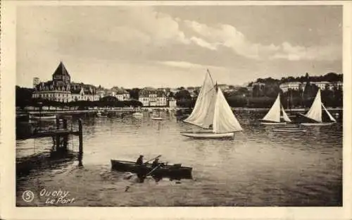 Ak Ouchy Lausanne Kanton Waadt, Hafenansicht, Segelboote, Fischerboot, Gebäude am Ufer