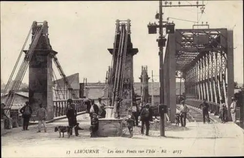 Ak Libourne Gironde, Brücke, zwei Ponts, Fluss, Menschen, Hunde