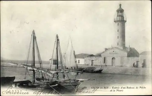 Ak Le Grau du Roi Gard, Fischerboote, Leuchtturm