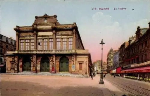 Ak Béziers Hérault, Theatergebäude,  Architektur, Straßenszene, Einkaufsstraße