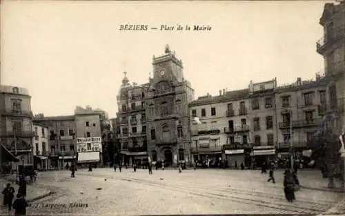 Ak Béziers Hérault, Platz de la Mairie,  Gebäude, Menschen auf der Straße, Werbung