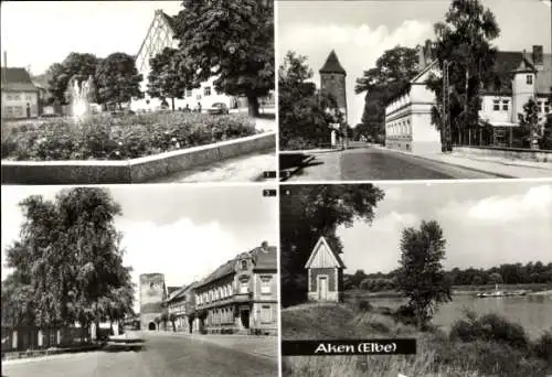 Ak Aken an der Elbe Sachsen Anhalt,  Friedensplatz, Burgstraße, Dessauer Straße, Elbe